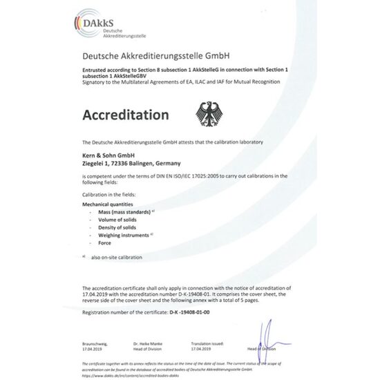 Certificat etalonare DAkkS pentru greutate etalon KERN, clasa F1/F2